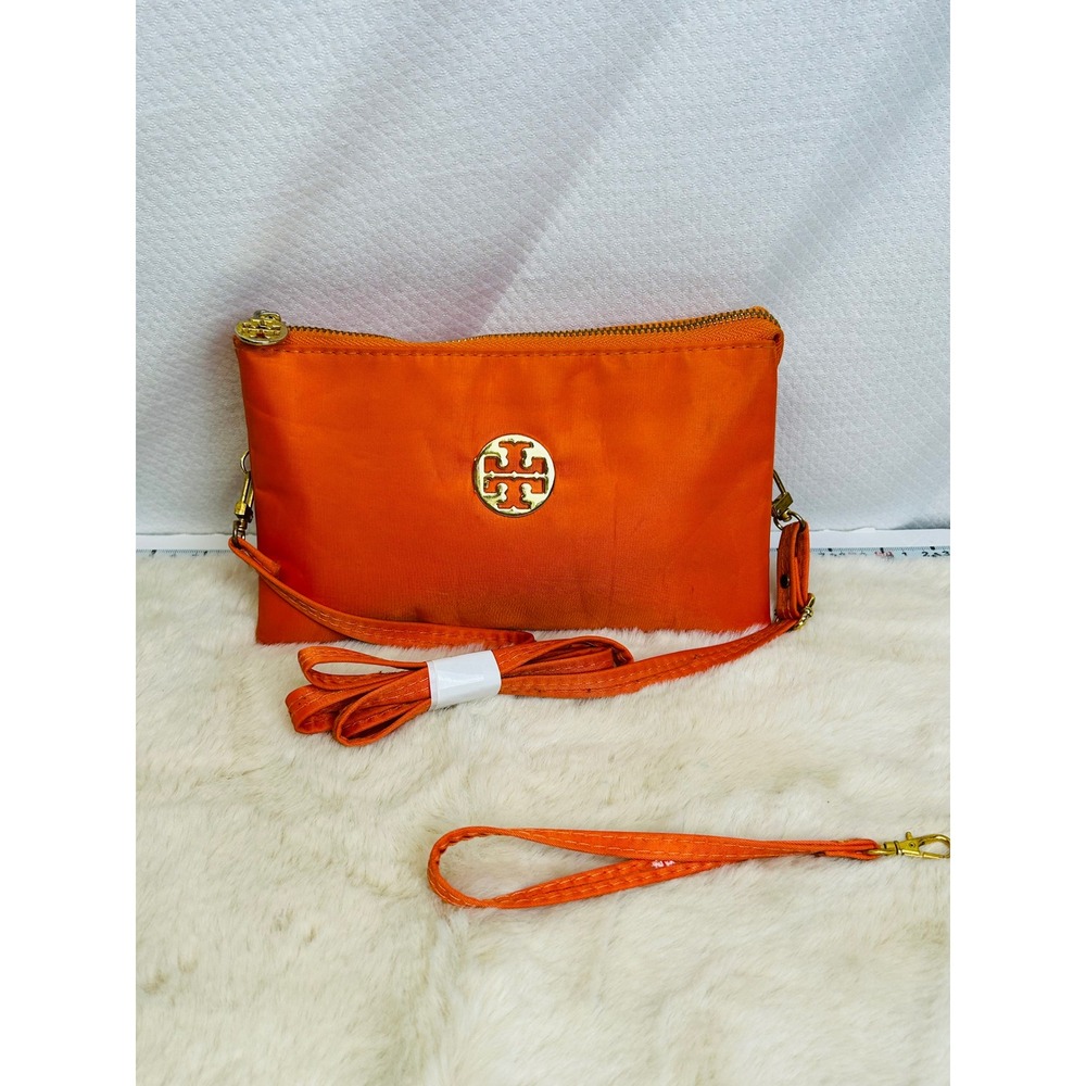 Tory Burch Orange Nylon Crossbody Bag Gold Logo Wristlet Clutch Womens
